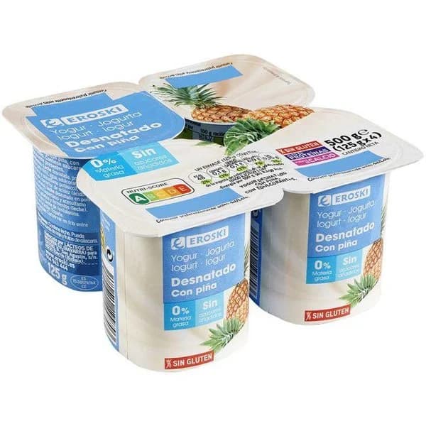 Yogur desnatado con piña EROSKI, pack 4x125 g - 1 ud - Imagen del producto en Findit