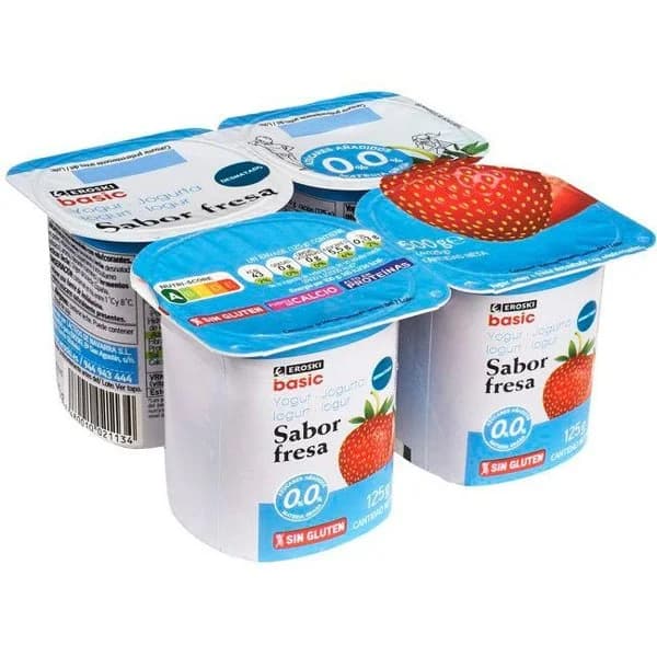 Yogur desnatado sabor fresa EROSKI basic, pack 4x125 g - 1 ud - Imagen del producto en Findit