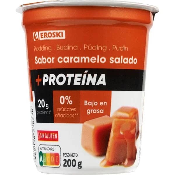 Pudding + proteína sabor caramelo EROSKI, tarrina 200 g - 1 ud - Imagen del producto en Findit