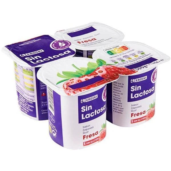 Preparado lácteo sin lactosa sabor fresa EROSKI, pack 4x125 g - 1 ud - Imagen del producto en Findit