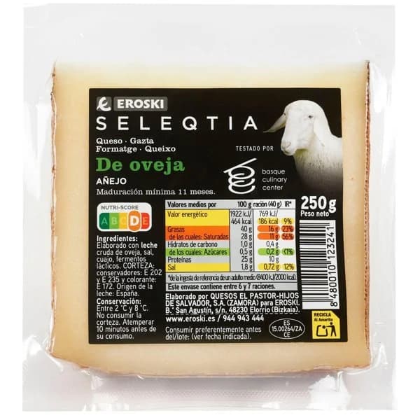 Queso de oveja EROSKI SELEQTIA, cuña 250 g - 1 ud - Imagen del producto en Findit