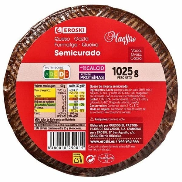 Queso semicurado mini EROSKI, pieza 1,020 kg - 1 ud - Imagen del producto en Findit