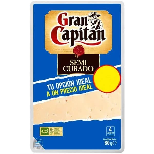 Queso semicurado GRAN CAPITÁN, lonchas, bandeja 80 g - 0.08 kg - Imagen del producto en Findit