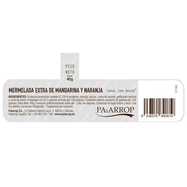Dulce de naranja y mandarina PAIARROP, frasco 40 g - 1 ud - Imagen del producto en Findit
