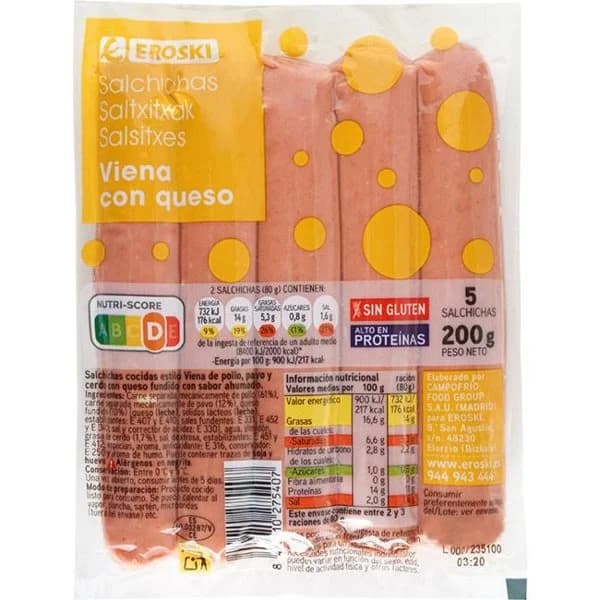 Salchichas con queso EROSKI, sobre 200 g - 1 ud - Imagen del producto en Findit