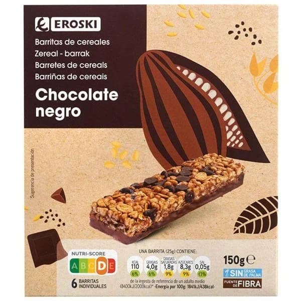 Barritas de cereales con chocolate EROSKI, caja 150 g - 1 ud - Imagen del producto en Findit