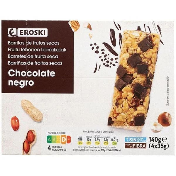 Barritas de frutos secos con chocolate EROSKI, caja 140 g - 1 ud - Imagen del producto en Findit