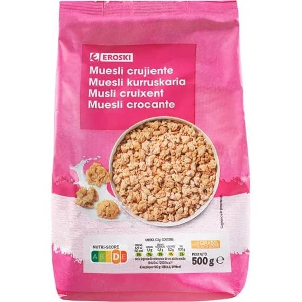 Muesli crujiente EROSKI, bolsa 500 g - 1 ud - Imagen del producto en Findit