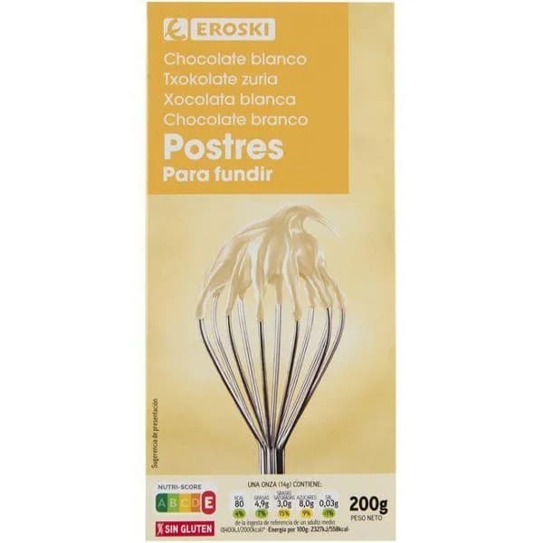 Chocolate blanco para postre EROSKI, tableta 200 g - 1 ud - Imagen del producto en Findit