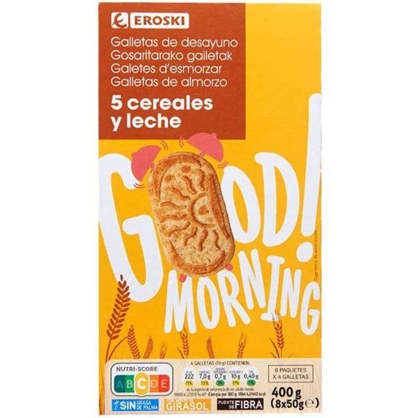 Galleta 5 cereales-leche EROSKI, caja 400 g - 1 ud - Imagen del producto en Findit