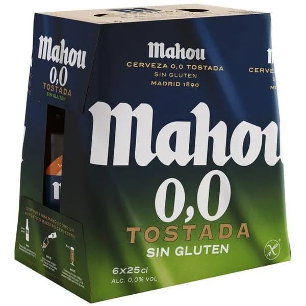 Cerveza tostada 0,0 sin gluten MAHOU, pack 6x25 cl - 1 ud - Imagen del producto en Findit