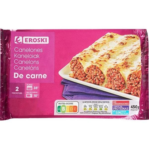 Canelones de carne EROSKI, bandeja 450 g - 1 ud - Imagen del producto en Findit