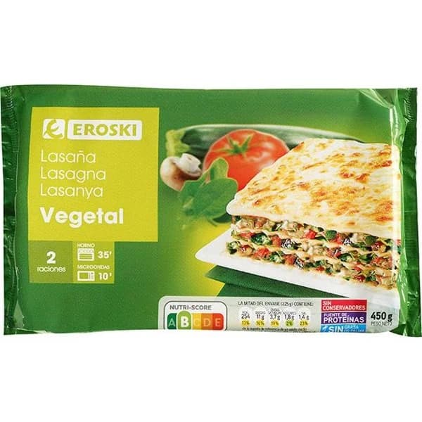 Lasaña vegetal EROSKI, bandeja 450 g - 1 ud - Imagen del producto en Findit