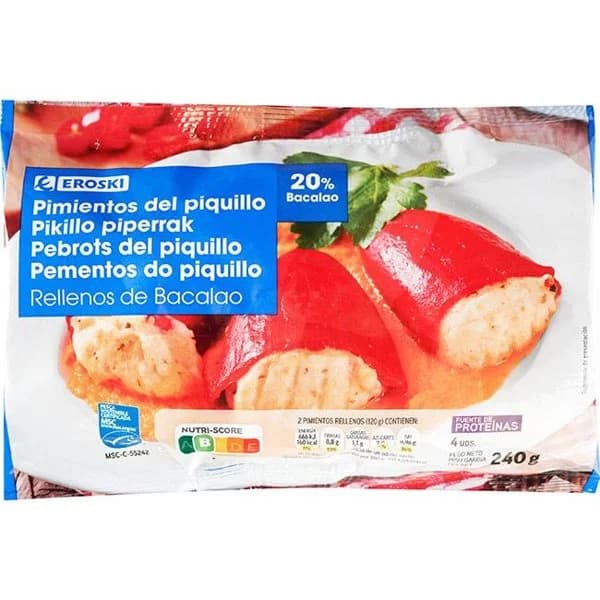 Pimiento del piquillo rellenos bacalao MSC EROSKI, bolsa 240 g - 1 ud - Imagen del producto en Findit