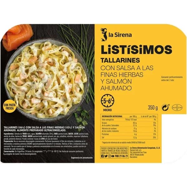 Tallarines a las finas hierbas-salmón LA SIRENA, bandeja 350 g - 1 ud - Imagen del producto en Findit