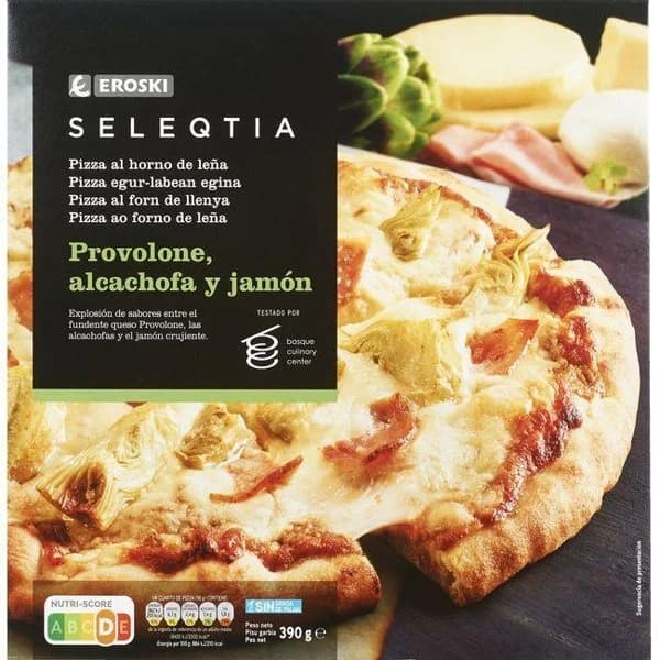 Pizza de jamón, provolone, alcachofas, g. padano SELEQTIA, 390 g - 1 ud - Imagen del producto en Findit