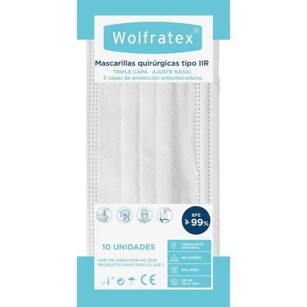 Mascarilla Quir IIR adulto blanca WOLFRATEX, paquete 10 uds UNE0064-1:2021-P1.BFE:95%,Resp: <60 Pa/cm2. Ensayos EN 14683:2019+AC:2019.Reg (UE) 2017/745.Inf22040730-AITEX.3capas: 1.Ext.:Non-wov hidr.2.interm:melt bl.3.int:Non wov hidr. Wolfratex,SL.BºSan Juan-Pol.Larramendi,20570 Bergara-Gipuzkoa.www.wolfratex.com - 1 ud - Imagen del producto en Findit