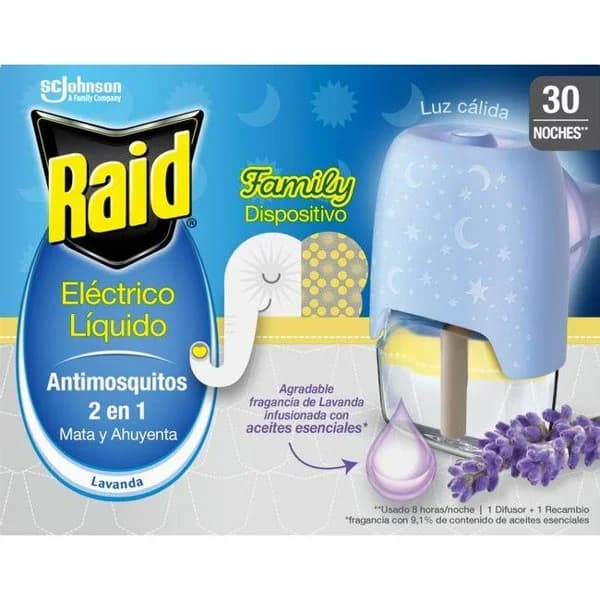 Insecticida eléctrico lavanda RAID, aparato+ recambio, 30 dosis - 1 ud - Imagen del producto en Findit
