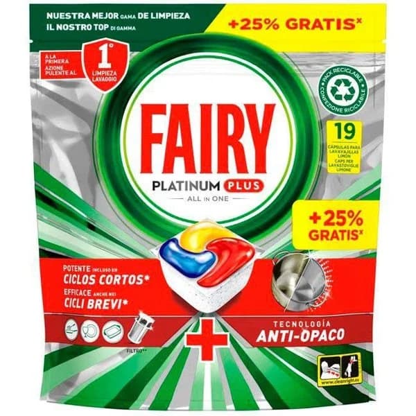 Lavavajillas a máquina FAIRY PLATINUM PLUS, bolsa 15+4 dosis - 4 ud - Imagen del producto en Findit