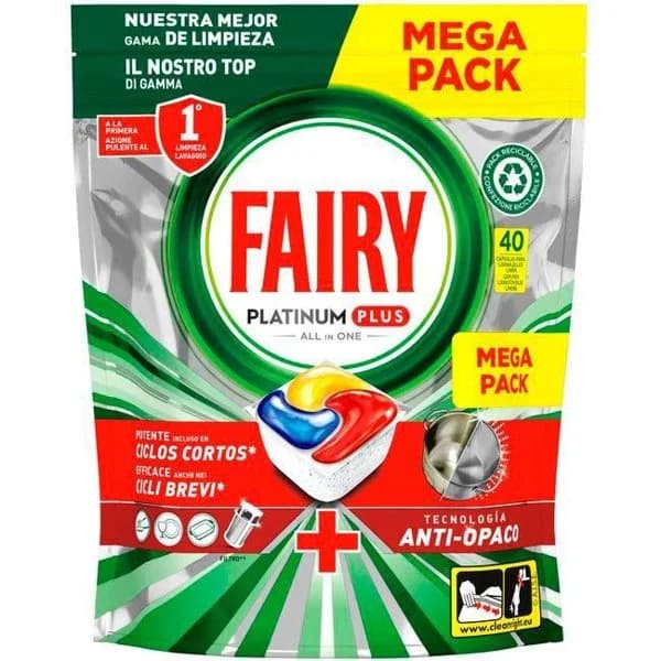 Lavavajillas a máquina FAIRY PLATINIUM PLUS, bolsa 40 dosis - 1 ud - Imagen del producto en Findit