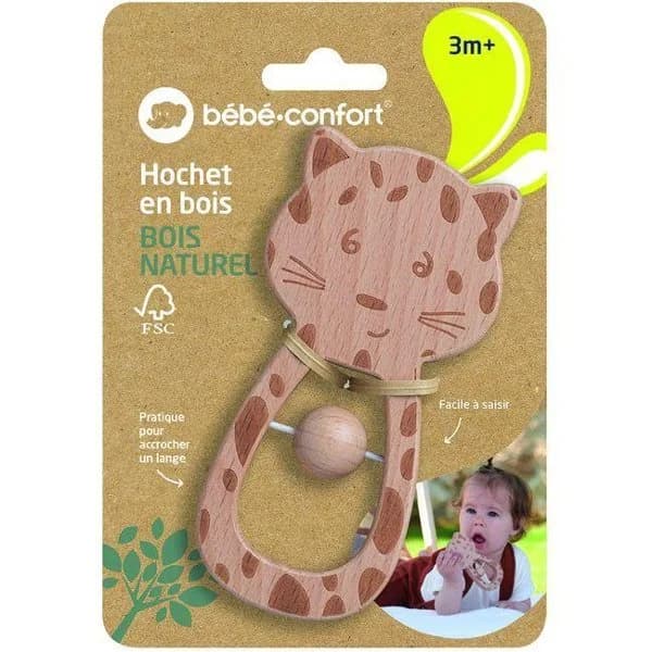 Sonajero de madera el tigre, fácil de agarrar en los bebes pequeños, con sonido ideal para calmar al bebe, madera de haya 100% certificada de bosques gestionados de forma sostenible BEBE CONFORT - 1 ud - Imagen del producto en Findit