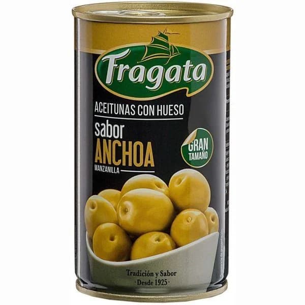 Aceitunas manzanilla sabor anchoa FRAGATA, lata 180 g - 1 ud - Imagen del producto en Findit