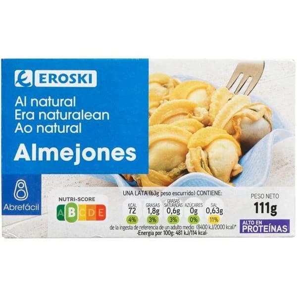 Almejones al natural EROSKI, lata 63 g - 1 ud - Imagen del producto en Findit