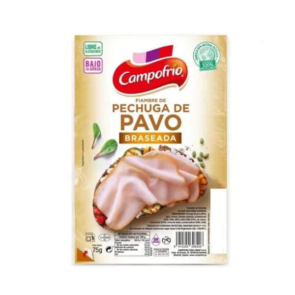 Fiambre de pechuga de pavo braseada en lonchas Campofrío sin gluten y sin lactosa 75 g. - 1 ud - Imagen del producto en Findit