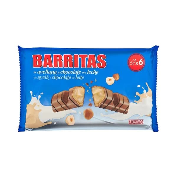 Barritas de barquillo Hacendado con relleno de avellana cubiertas de chocolate con leche - 0.12 kg - Imagen del producto en Findit