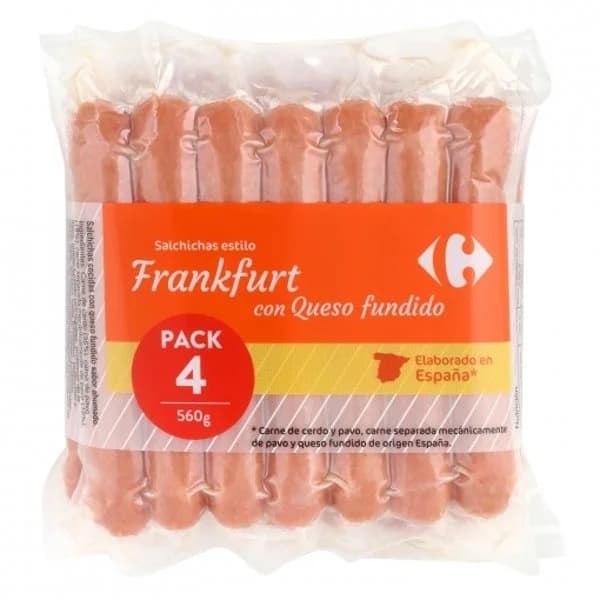 Salchichas con queso fundido estilo frankfurt Carrefour pack de 4 sobres de 140 g. - 0.56 kg - Imagen del producto en Findit