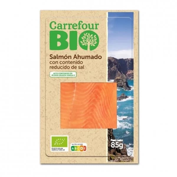 Salmon ahumado reducido en sal ecológico Bio Carrefour 85 g. - 0.09 kg - Imagen del producto en Findit