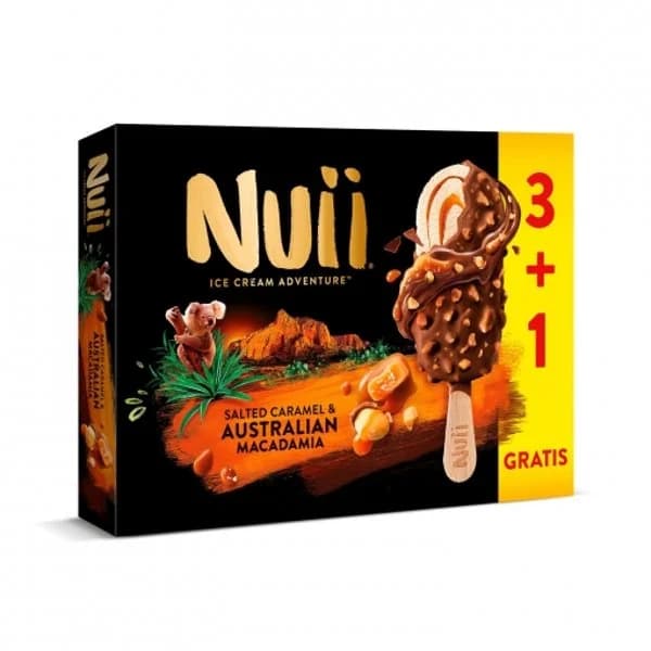 Helado Bombón de caramelo y nueces de Macadamia Australianas Nuii sin gluten 4 ud. - 0.36 l - Imagen del producto en Findit