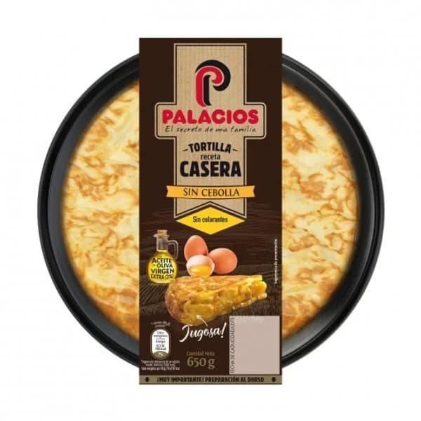 Tortilla de patata sin cebolla con huevos camperos Palacios sin gluten sin lactosa 650 g. - 0.65 kg - Imagen del producto en Findit