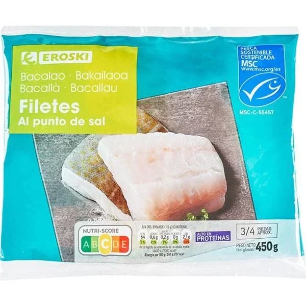 Filetes de bacalao EROSKI, bolsa 450 g - 0.45 kg - Imagen del producto en Findit