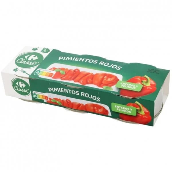 Pimientos rojos enteros y pelados Classic Carrefour pack de 3 latas de 60 g. - 0.18 kg - Imagen del producto en Findit