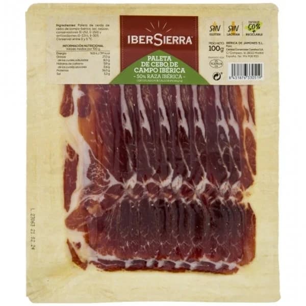 Paleta de Cebo de Campo Ibérica 50% Raza Ibérica en lonchas Ibersierra sin gluten y sin lactosa 100 g - 0.1 kg - Imagen del producto en Findit