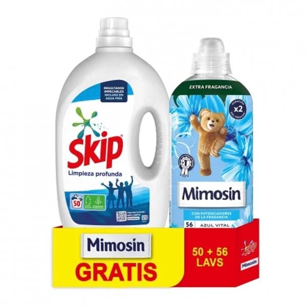 Detergente liquido limpieza profunda Skip 50 lavados. + Suavizante azul vital  Mimosín 56 lavados. - 1 ud - Imagen del producto en Findit
