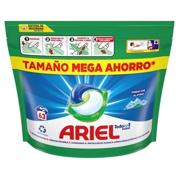 Detergente en cápsulas alpes Todo en Uno Pods Ariel 63 lavados. - 1 ud - Imagen del producto en Findit