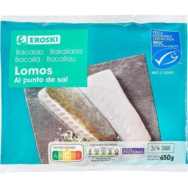 Lomos de bacalao EROSKI, bolsa 450 g - 0.45 kg - Imagen del producto en Findit
