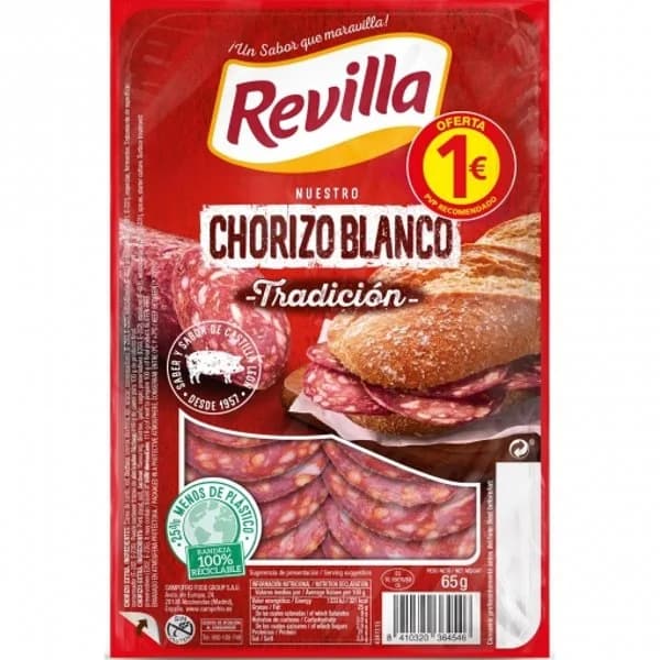 Chorizo blanco en lonchas Revilla sin gluten 65 g. - 0.07 kg - Imagen del producto en Findit