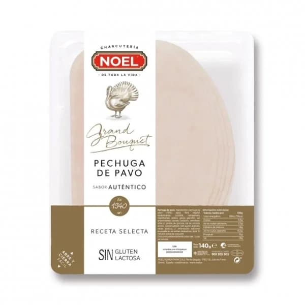 Pechuga de pavo en lonchas Noel Grand Bouquet sin gluten y sin lactosa 140 g. - 0.14 kg - Imagen del producto en Findit
