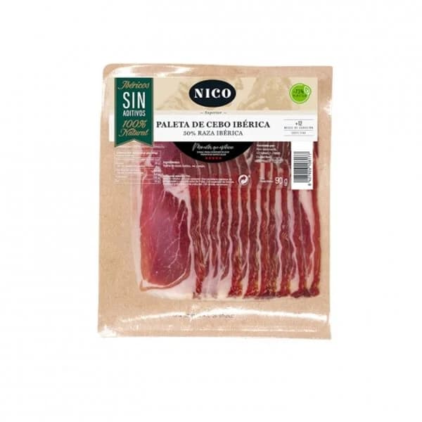 Paleta de Cebo Ibérica 50% Raza Ibérica en lonchas Nico 90 g - 0.09 kg - Imagen del producto en Findit