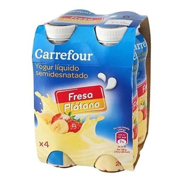 Yogur semidesnatado líquido de fresa y plátano Carrefour pack de 4 unidades de 200 ml. - 0.8 kg - Imagen del producto en Findit