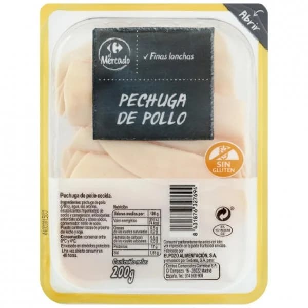 Pechuga de pollo cocida en finas lonchas Carrefour El Mercado sin gluten 200 g - 0.2 kg - Imagen del producto en Findit