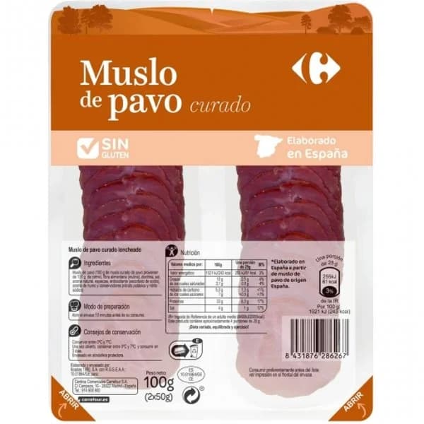 Muslo de pavo curado en lonchas Carrefour sin gluten pack de 2 unidades de 50 g - 0.1 kg - Imagen del producto en Findit