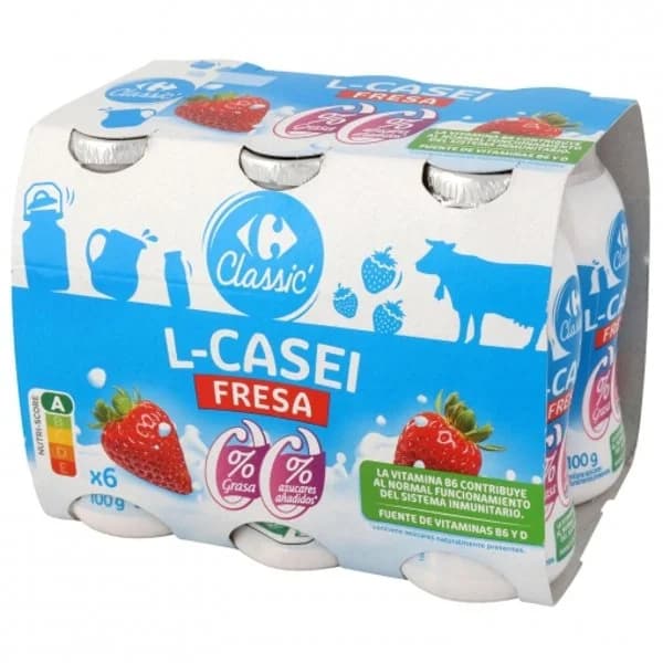 L.Casei líquido desnatado sabor fresa Carrefour Classic' sin azúcar añadido pack de 6 unidades de 100 g. - 0.6 kg - Imagen del producto en Findit