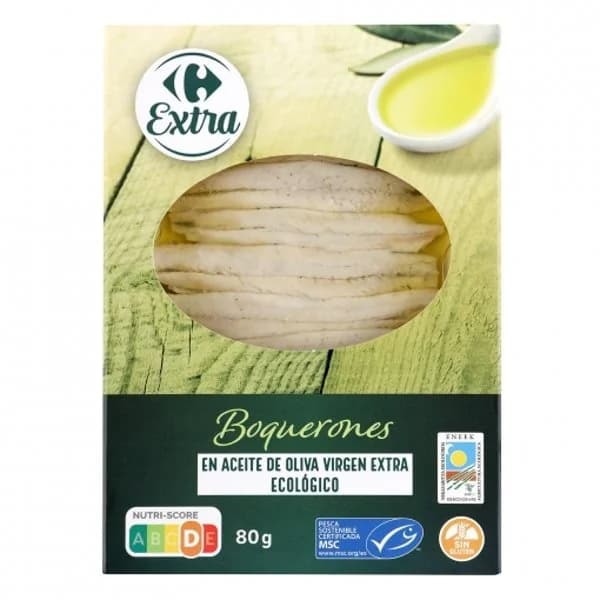 Boquerones en aceite de virgen extra ecológico procedente de pesca sostenible Carrefour sin gluten 80 g. - 0.08 kg - Imagen del producto en Findit