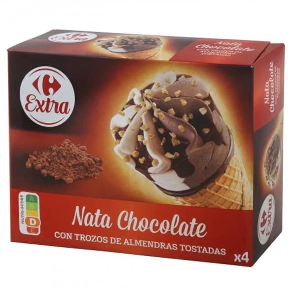 Conos con helado de nata y chocolate con trozos de almendras tostadasCarrefour 4 ud. - 4.02 ud - Imagen del producto en Findit
