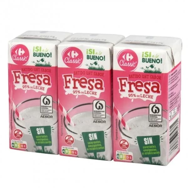 Batido de fresa Carrefour sin gluten pack de 3 brik de 200 ml, - 0.6 l - Imagen del producto en Findit