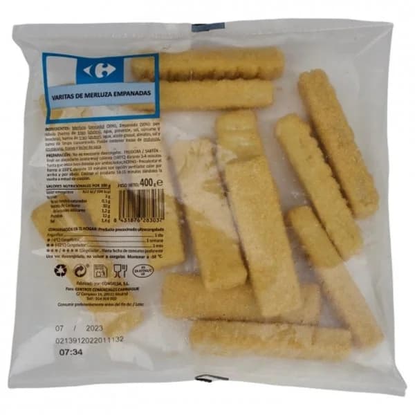 Varitas de merluza empanadas congeladas Carrefour 400 g - 0.4 kg - Imagen del producto en Findit